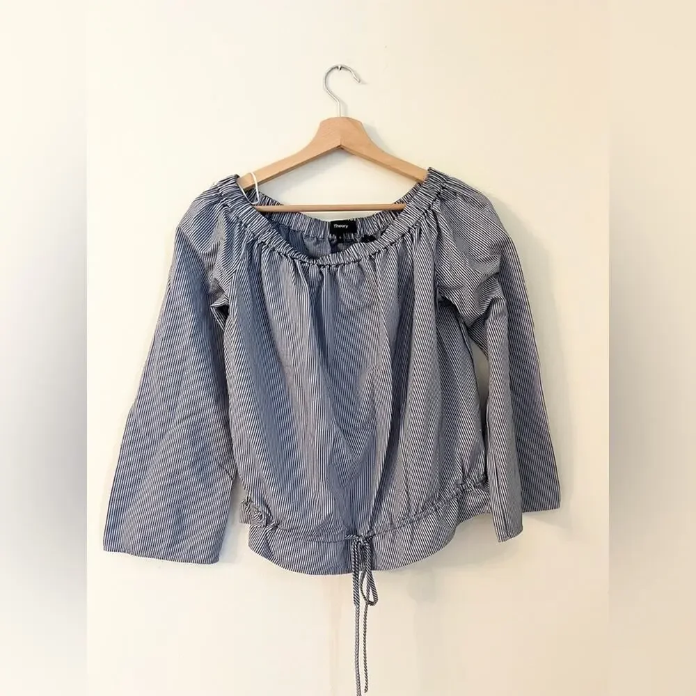Theory Odettah Off Shoulder Seersucker blue and white striped blouse top fall
